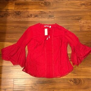 Isaac Mizrahi Live Red Lace Bell Sleeve Blouse Size 8 NWT